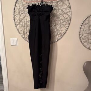 Flower Accent Slip Dress Elegant Black Strapless Dress